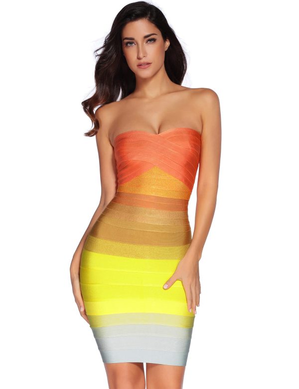 Women's Bandage Straless Dress Bodycon Rainbow Cocktail Party Dress