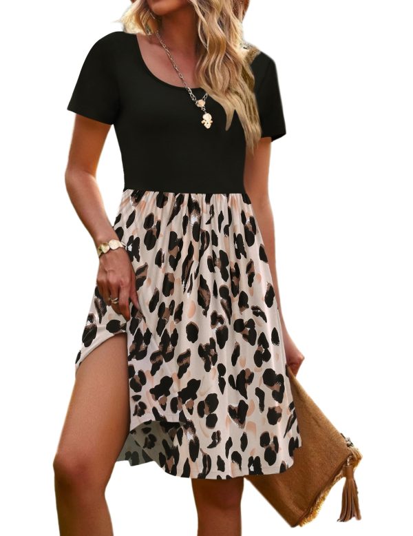71l8x0GiV3L.jpg Womens Casual Dress Floral Patchwork Summer Dress Square Neck Short Sleeve A Line Flowy Swing Mini Dress with Pockets