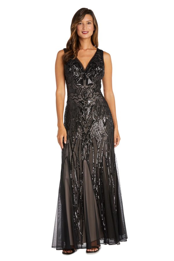 71m2WXVlGHL.jpg Long Beaded Dress W/Contrast Lining, V-Neckline & Godet Skirt