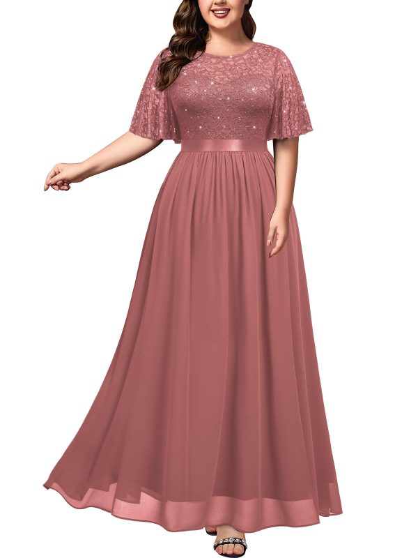 71mZkMTBVQL.jpg Women's Plus Size Sequin Lace Round Neck Butterfly Sleeves Formal Evening Maxi Dress