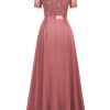 Women's Classy V-Neck Ruffle Floral Lace Hem Trim Sequined Maxi Bridesmaid Dress