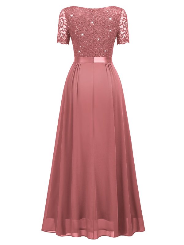 71nKmDrFGL.jpg Women's Classy V-Neck Ruffle Floral Lace Hem Trim Sequined Maxi Bridesmaid Dress
