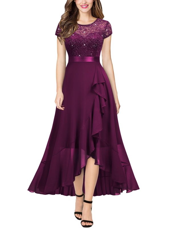 71nZ067yR7L.jpg Women's Scoop Neck Sequined Floral Lace Ruffle Wedding Party Long Dress