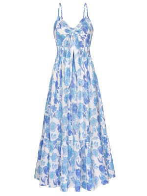 Women's 2025 Summer Maxi Dress Floral Tie Front Spaghetti Strap Casual Boho Beach Flowy Sundress with Pockets
