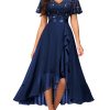 Women's Classy V-Neck Butterfly Sleeve Sequined Floral Lace Ruffle Split Bridesmaid Party Dress