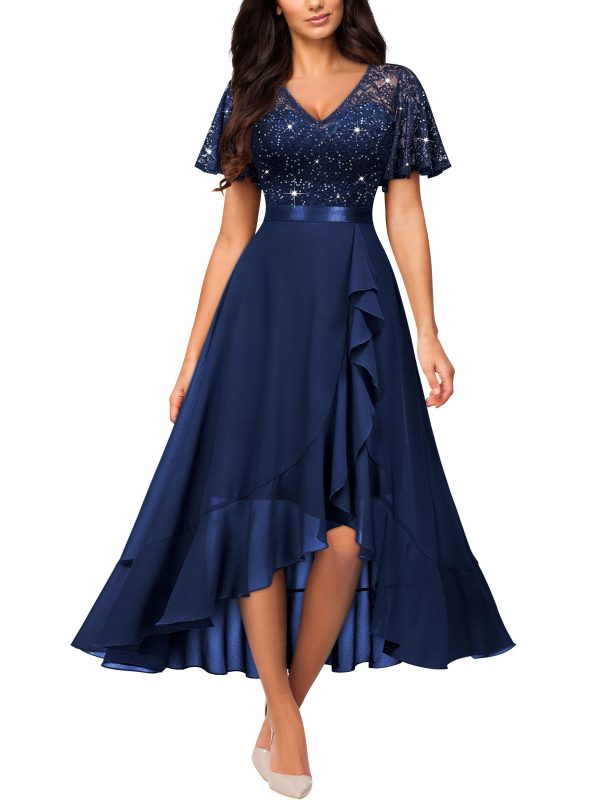 71oLZBsPSmL.jpg Women's Classy V-Neck Butterfly Sleeve Sequined Floral Lace Ruffle Split Bridesmaid Party Dress