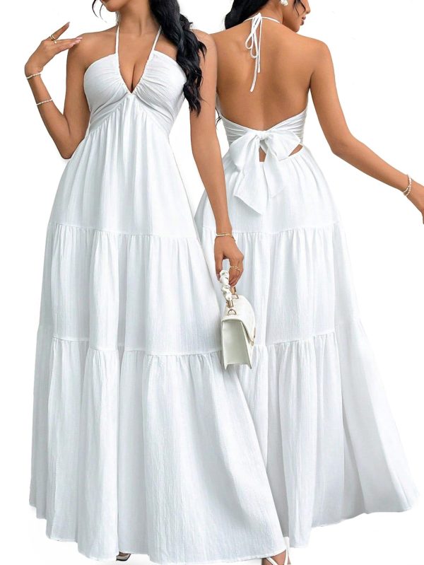 71oUX6D03qL.jpg Women's Maxi Summer Dresses Halter V Neck Beach Dresses for Women A-Line Casual Dress for Vacation