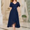 Women's Classy V-Neck Butterfly Sleeve Sequined Floral Lace Ruffle Split Bridesmaid Party Dress