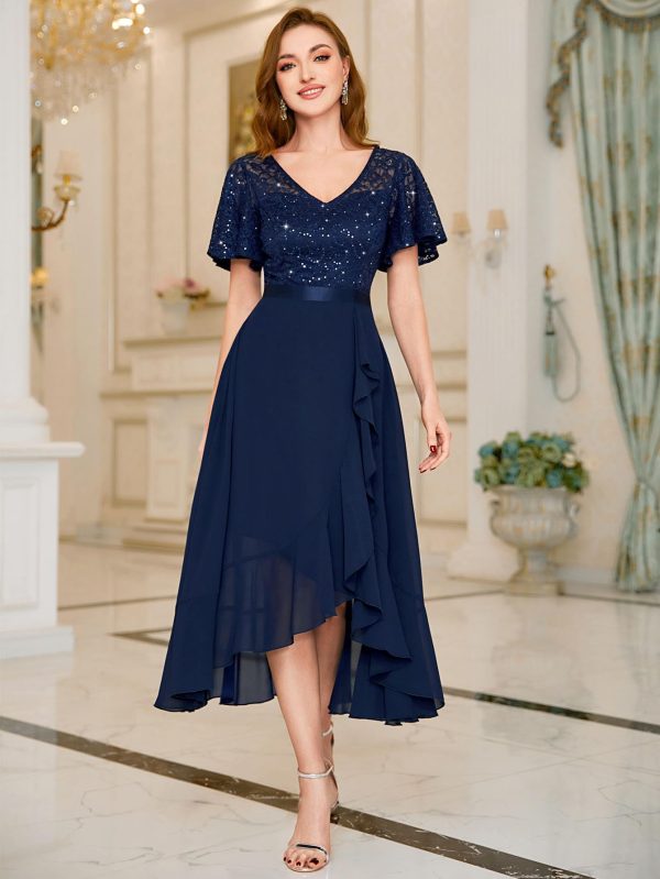 71oeZGjTj3L.jpg Women's Classy V-Neck Butterfly Sleeve Sequined Floral Lace Ruffle Split Bridesmaid Party Dress