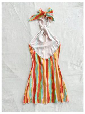 Women's Sleeveless Halter Backless Tie Back Floral Bodycon Mini Dress