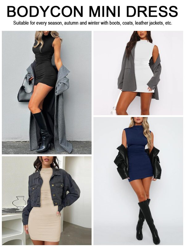 71p-0sRYU7L.jpg Women's Sexy Summer Casual Mock Neck Sleeveless Bodycon Dresses Ruched Turtleneck Cocktail Party Mini Dress