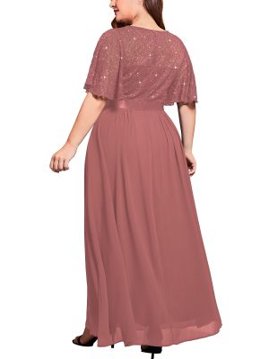 Women's Plus Size Sequin Lace Round Neck Butterfly Sleeves Formal Evening Maxi Dress