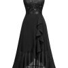 Women's Vintage V-Neck Sleeveless Sequined Floral Lace Ruffle Split Evening Party Dress