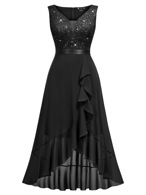 71p9p-TGeL.jpg Women's Vintage V-Neck Sleeveless Sequined Floral Lace Ruffle Split Evening Party Dress