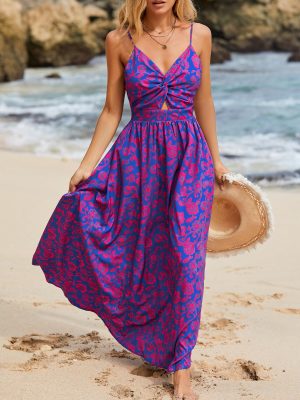 Women's Maxi Dress Floral Print Twisted V Neck Sleeveless Long Dress Summer Casual Dress