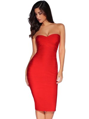 Women's Midi Cocktail Dresses Strapless Bandage Bodycon Dress Wedding Party Dress