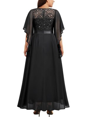 Women's Plus Size Sequin Lace with Ruffle Cape Cloak Sleeves Elegant Evening Wedding Party Maxi Dress