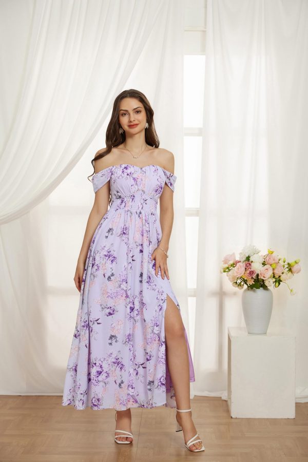 2025 Women's Summer Floral Print Flowy A Line Maxi Dresses Sleeveless Smocked Off Shoulder Dress