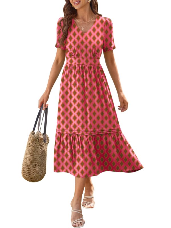 71rscbw6Q-L.jpg Women 2025 Summer Boho Maxi Dresses Floral Short Sleeve V Neck Elastic Waist Tiered Flowy Long Beach Vacation Dress