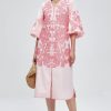 Women Casual V-Neck Mid Dress Floral Embroidery 3/4 Sleeves Spring Summer Tunic Dress Loose Zip Party Dress with Pocket