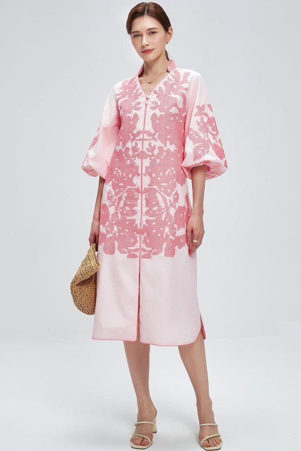 71s4kIUZkYL.jpg Women Casual V-Neck Mid Dress Floral Embroidery 3/4 Sleeves Spring Summer Tunic Dress Loose Zip Party Dress with Pocket