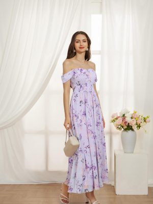2025 Women's Summer Floral Print Flowy A Line Maxi Dresses Sleeveless Smocked Off Shoulder Dress