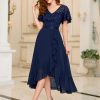 Women's Classy V-Neck Butterfly Sleeve Sequined Floral Lace Ruffle Split Bridesmaid Party Dress