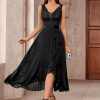 Women's Vintage V-Neck Sleeveless Sequined Floral Lace Ruffle Split Evening Party Dress