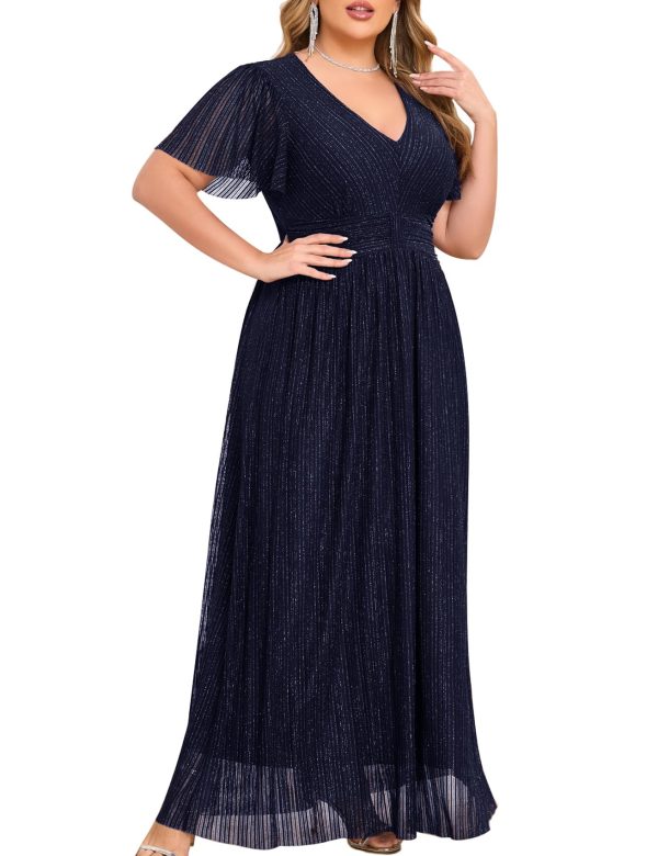 71swNuCLlrL.jpg Plus Size Maxi Formal Dress Sparkly V-Neck A-line Ruffle Sleeves Evening Gown Cocktail Prom Glitter