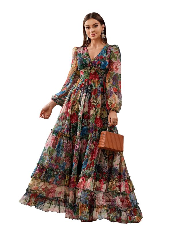 71t5aOp4KGL.jpg Summer Casual Dresses for Women 2024 Spring Fashion Boho V Neck Long Sleeve Ruffle Floral Print Elegant Maxi Dress
