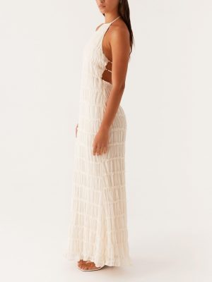Flowy Boho Beach Dress for Women Halter Backless Smocked Vacation Long Dress Sexy Off Shoulder Resort Maxi Sundress