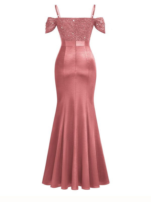 71tuDRiB4L.jpg Women's Elegant Sequin Lace Spaghetti Straps Formal Satin Maxi Dress