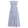 Womens Casual Dresses Strapless Tube Stripped Shirred A Line Blue Beach Vacation Midi Dress Maxi Skirts S