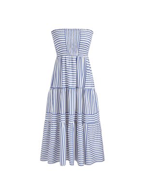 Womens Casual Dresses Strapless Tube Stripped Shirred A Line Blue Beach Vacation Midi Dress Maxi Skirts S