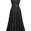 Women's Vintage V-Neck Sleeveless Sequined Floral Lace Ruffle Split Evening Party Dress