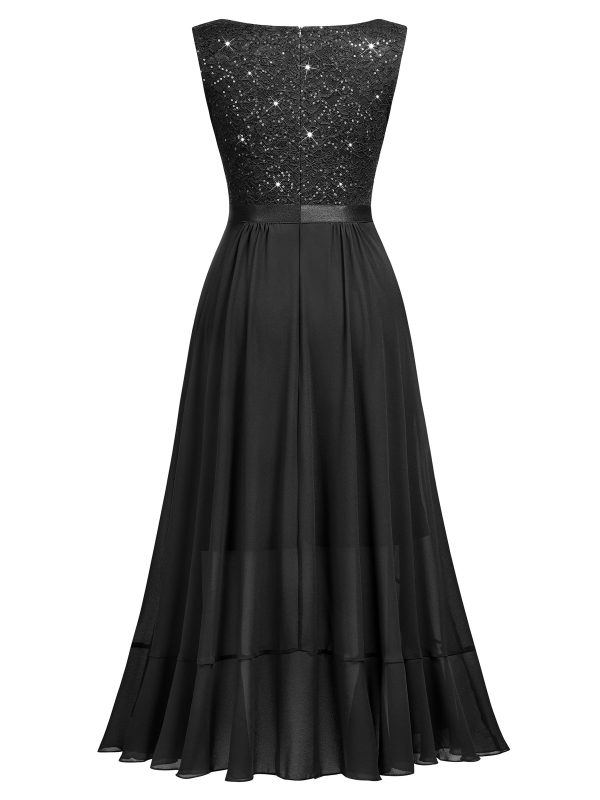 71vejrn50nL.jpg Women's Vintage V-Neck Sleeveless Sequined Floral Lace Ruffle Split Evening Party Dress