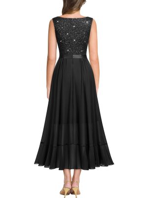 Women's Vintage V-Neck Sleeveless Sequined Floral Lace Ruffle Split Evening Party Dress