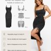 Sparkly Cocktail Dresses for Women Tummy Control Formal Shapewear Dress Square Neck Ruched Midi Dress Side Slit
