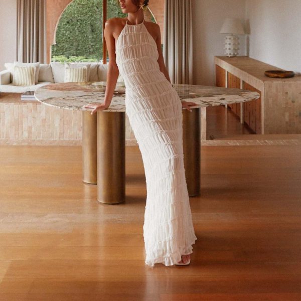 71wpf87O0-L.jpg Flowy Boho Beach Dress for Women Halter Backless Smocked Vacation Long Dress Sexy Off Shoulder Resort Maxi Sundress
