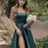 Satin Prom Dresses Long with Pockets Spaghetti Straps A Line Bridesmaid Dresses with Side Slit Ball Gown