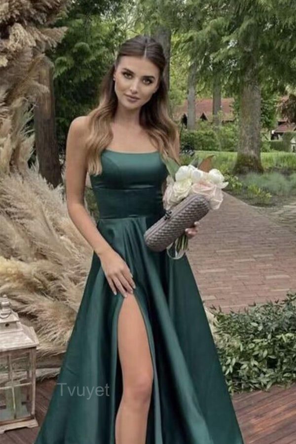 Satin Prom Dresses Long with Pockets Spaghetti Straps A Line Bridesmaid Dresses with Side Slit Ball Gown