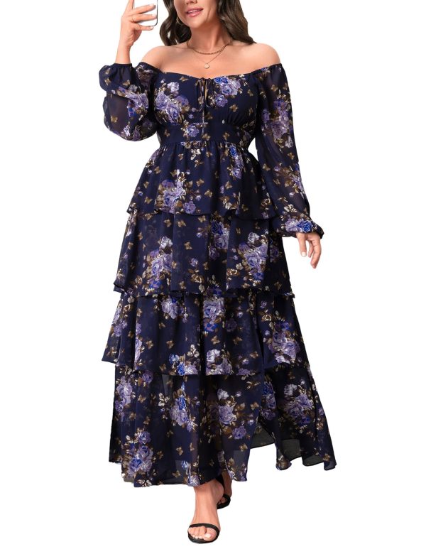71xOvb-PskL.jpg Womens Plus Size Floral Tiered Ruffle Long Sleeve Evening Party Wedding Guest Dress