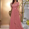 Women's Classy V-Neck Ruffle Floral Lace Hem Trim Sequined Maxi Bridesmaid Dress