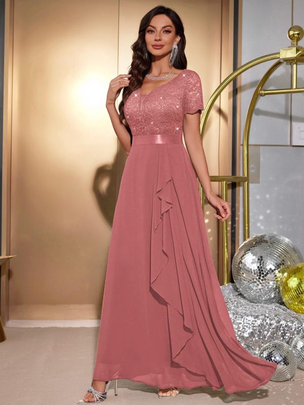 71xQHmzQu5L.jpg Women's Classy V-Neck Ruffle Floral Lace Hem Trim Sequined Maxi Bridesmaid Dress