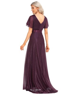 Womens Evening Dresses V Neck Short Sleeves A-line Glitter Formal Dresses 50159