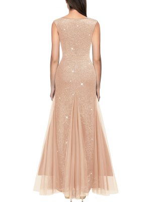 Women's Elegant V Neck Sleeveless Sequin Lace Evening Party Dress