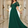 Women's Elegant Deep-V Neck Ruffle Tulle Sleeve Sequin Lace Formal Maxi Dress
