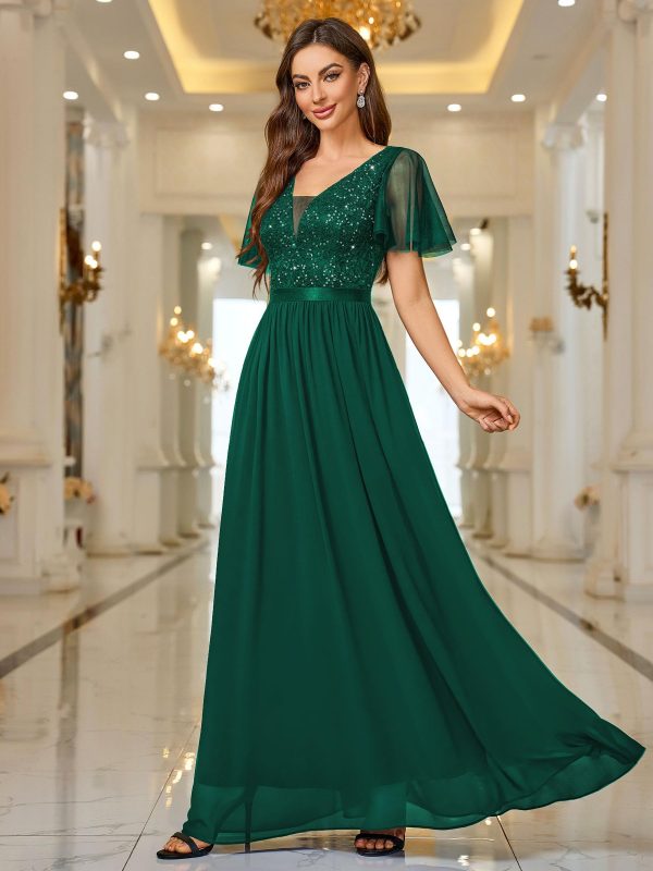 812-utwMDML.jpg Women's Elegant Deep-V Neck Ruffle Tulle Sleeve Sequin Lace Formal Maxi Dress