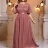 Women's Plus Size Sequin Lace Round Neck Butterfly Sleeves Formal Evening Maxi Dress
