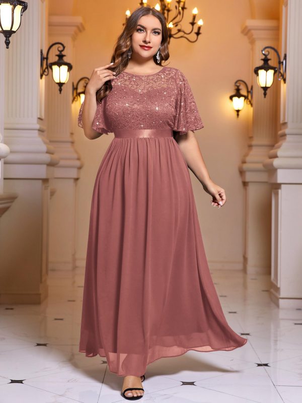 812Eg6yc6L.jpg Women's Plus Size Sequin Lace Round Neck Butterfly Sleeves Formal Evening Maxi Dress